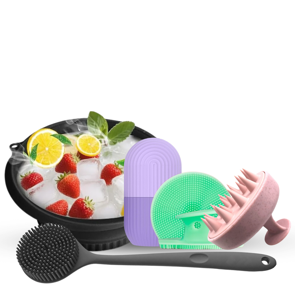 Silicon Callapsible bowl + Face Roller + Face Scrubber +  Scalp Massager + Body Back Scrubber Combo